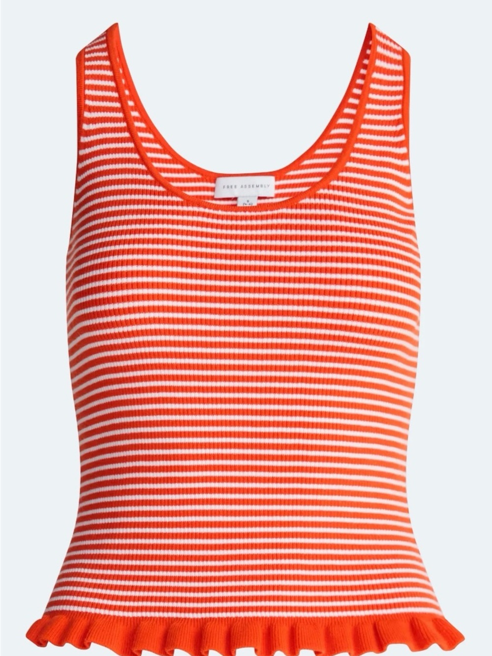 NWT Free Assembly L Orange White Striped Ribbed Ruffle Hem Knit Tank Top